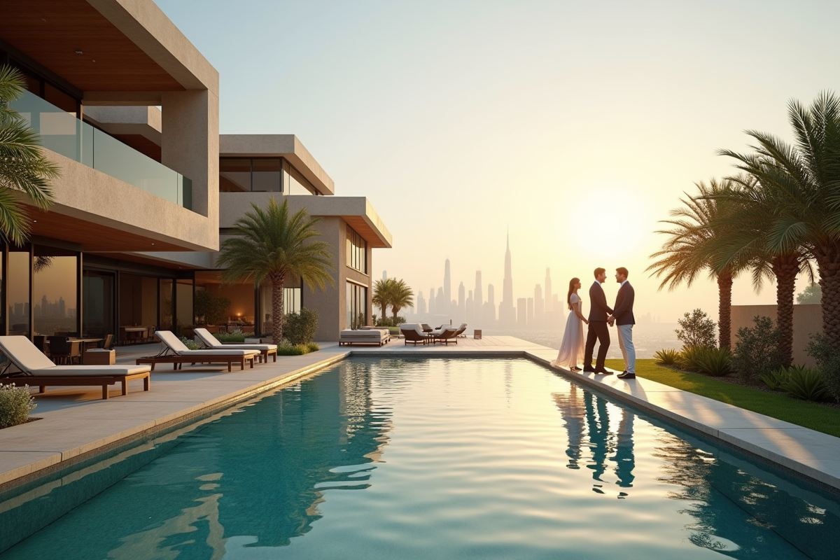 Villa de luxe avec piscine et agent accueillant un couple