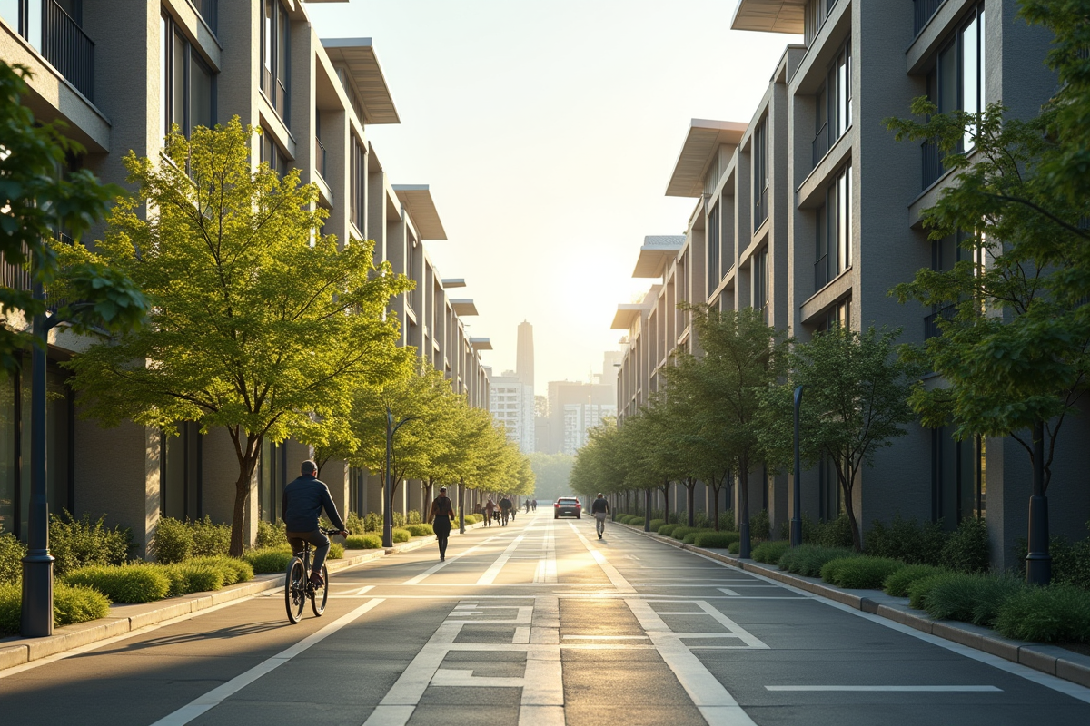 Rue urbaine moderne avec cyclistes et arbres
