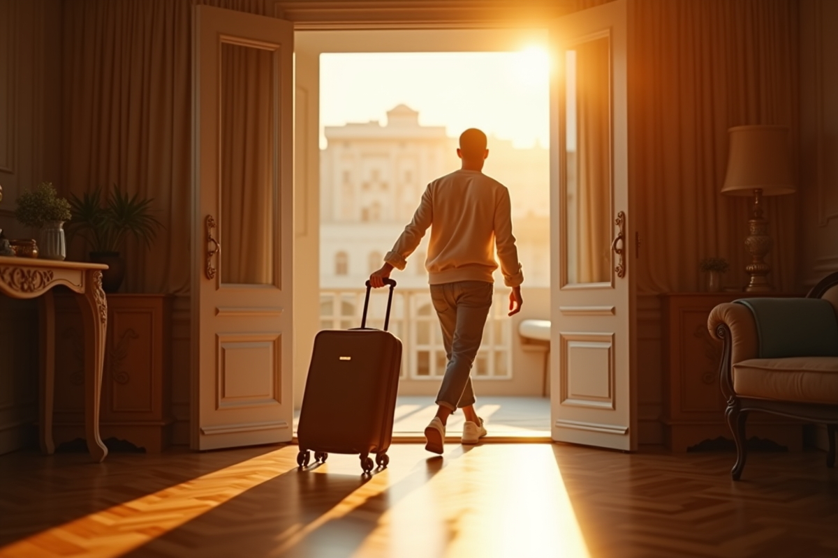 Voyageur avec valise entrant dans un appartement stylé